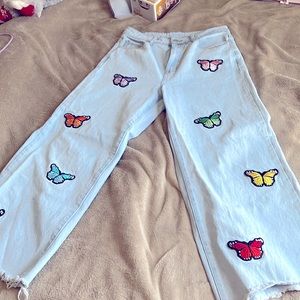 High Waisted Embroidered Butterfly Jeans